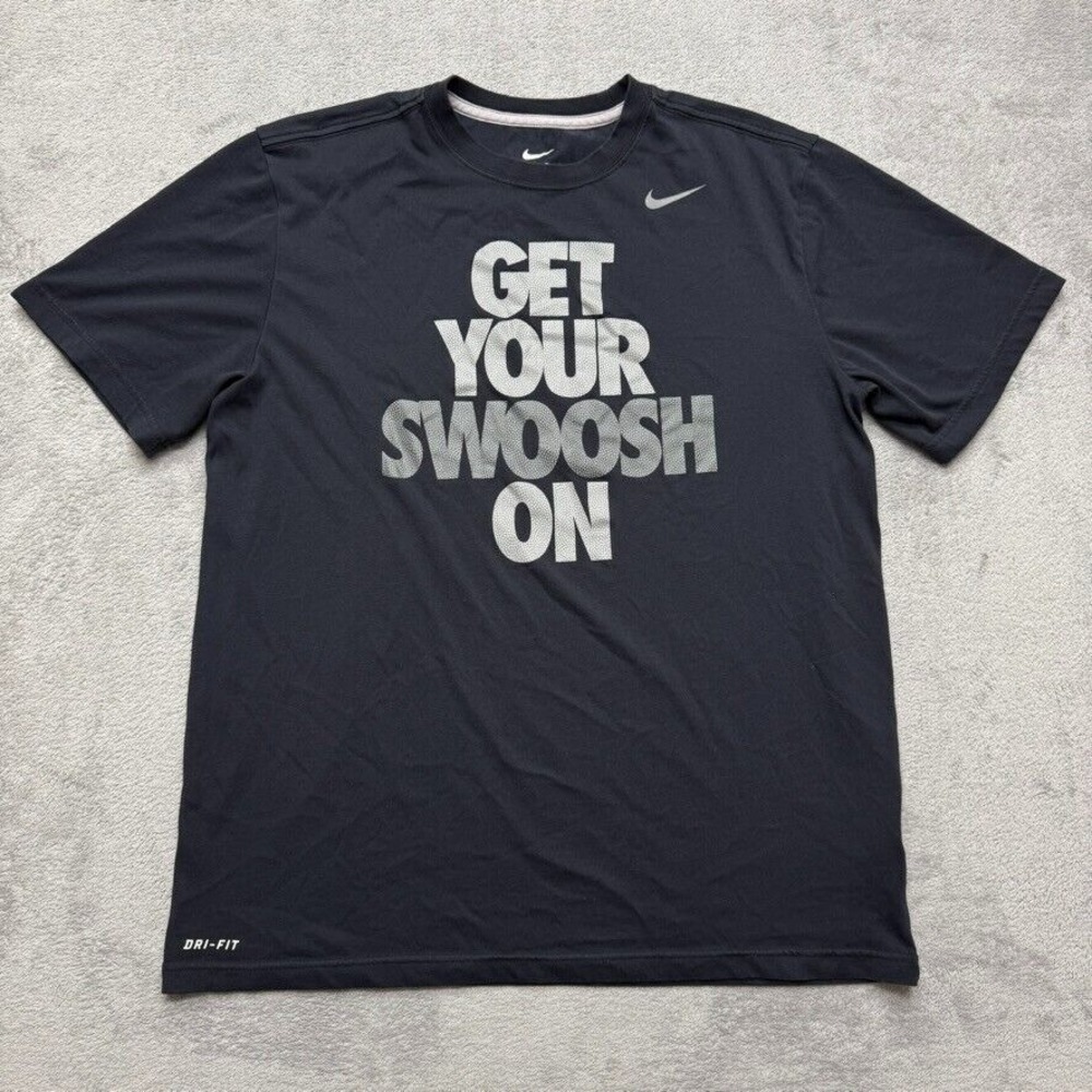 Y2K Nike Dri Fit T-Shirt Mens Large Black Swoosh Graphic Short Sleeve Crew Neck